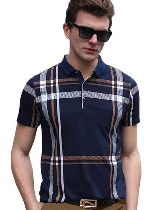 Men's Trendy Polo Neck Half Sleeves Regular Fit Checkered T-Shirt