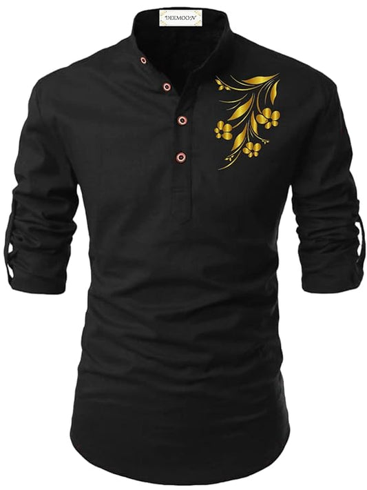 Men's Cotton Blend Solid Regular Shirt (DLM01_3 Flower_Black_M