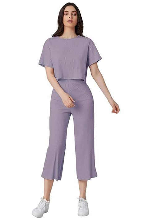 Women Cotton Lycra Blend Ribbed Co-ord set