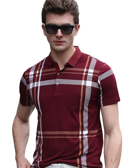 Men's Trendy Polo Neck Half Sleeves Regular Fit Checkered T-Shirt