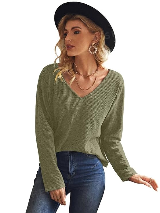 Womens Cotton (Waffle) 2024 Summer Winter Spring Half Sleeve V Neck Casual Loose Tunic Tops Blouses