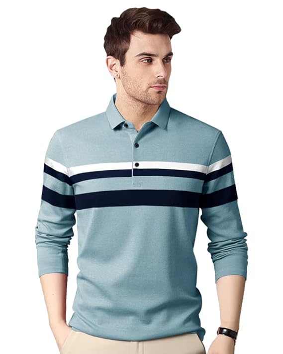 Polo Neck Half Sleeve Striped Print Casual Men Tshirt