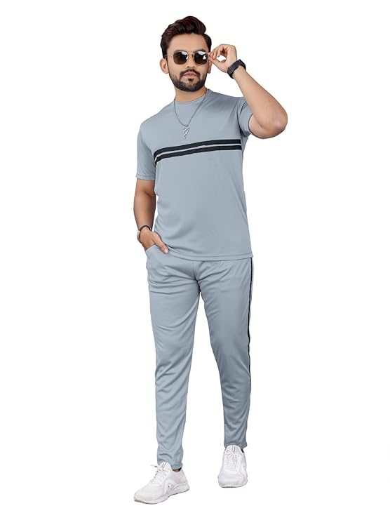 Cotton Lycra Blend Casual Regular Fit Striped Tracksuit for Men