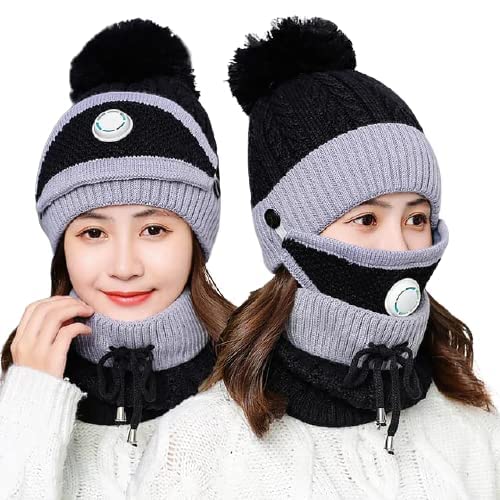 Unisex Winter Beanie Hat Scarf and Mask Set Thick Warm Knit Skull Cap