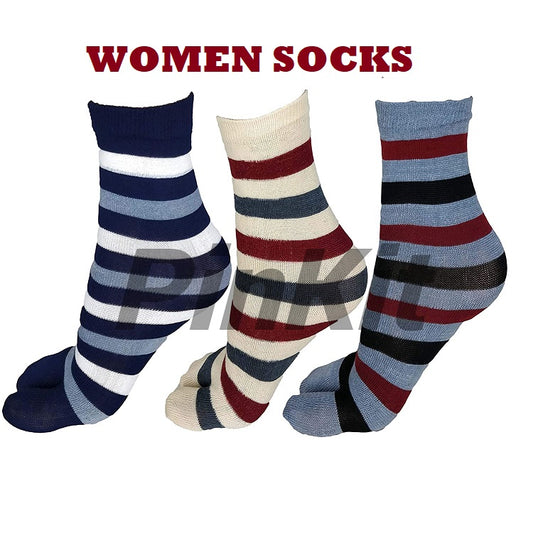 Women Cotton Multi Color Stripes Thumb Socks