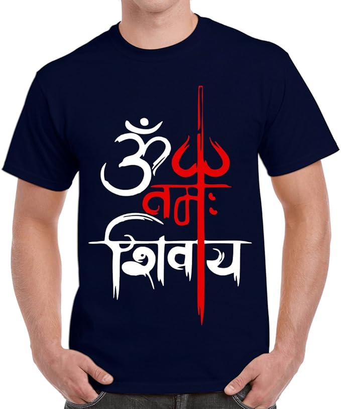 Men's Round Neck Cotton Half Sleeved T-Shirt with Printed Graphics - Namah Shivay Pattern