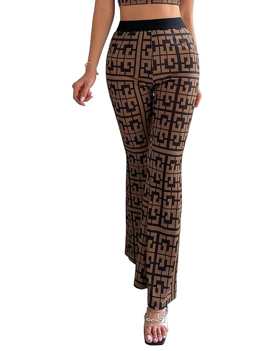 Women's & Girls Brown Geo Print Dress Pants Stretchy Work Slacks Business Casual Office Bell-BottomBoot-Cut Elastic Waist Regular Fit Trouser Pant