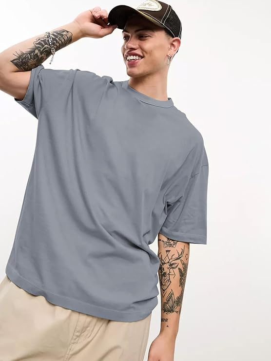 Oversized Longline Drop Shoulder Solid Round Neck Tshirts for Men