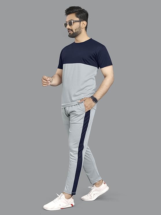 Cotton Lycra Blend Casual Regular Fit Colorblock Tracksuit for Men