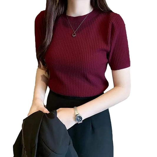 Plain Round Neck Rib Knit Regular Top for Women