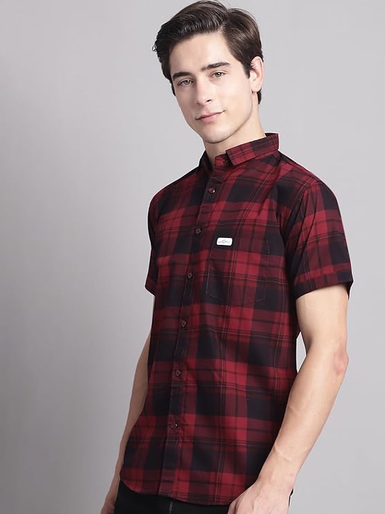 Men Cotton Checkered Half Sleeve Slim Fit Casual Shirt