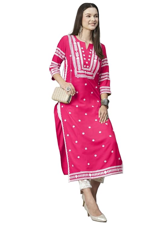 Women's Cotton Blend Chikankari Embroidered Straight Kurti