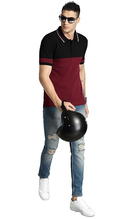 Men's Half Sleeve Polo Neck Colorblock Regular Fit Matty T-Shirt