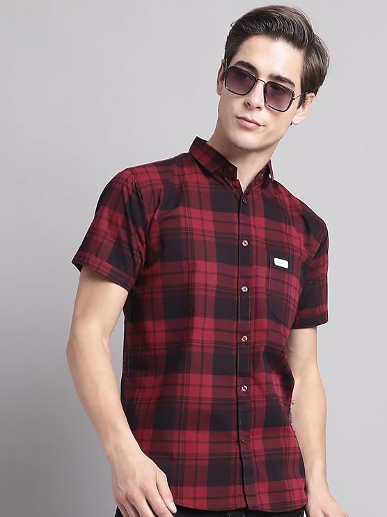 Men Cotton Checkered Half Sleeve Slim Fit Casual Shirt