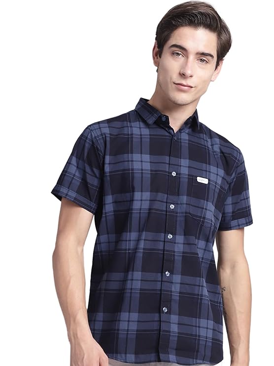 Men Cotton Checkered Half Sleeve Slim Fit Casual Shirt