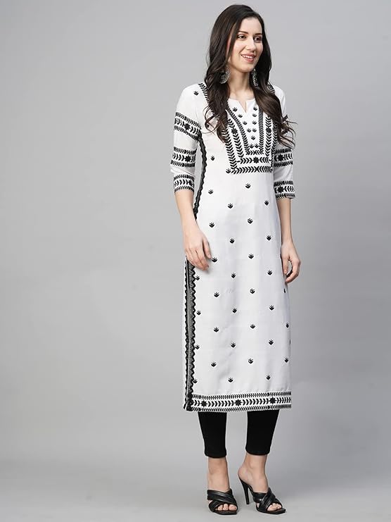 Women's Cotton Blend Chikankari Embroidered Straight Kurti