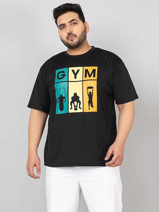 Men Plus Size Round Neck Printed Regular Dry Fit Gym Sports T-Shirt