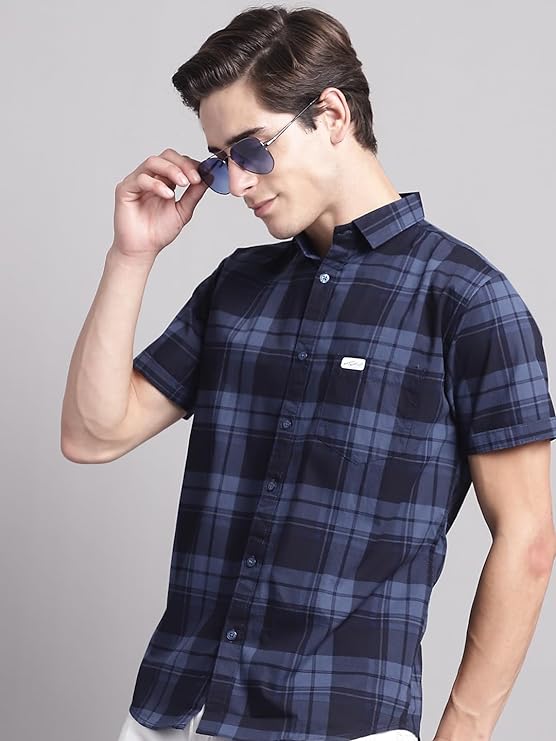 Men Cotton Checkered Half Sleeve Slim Fit Casual Shirt