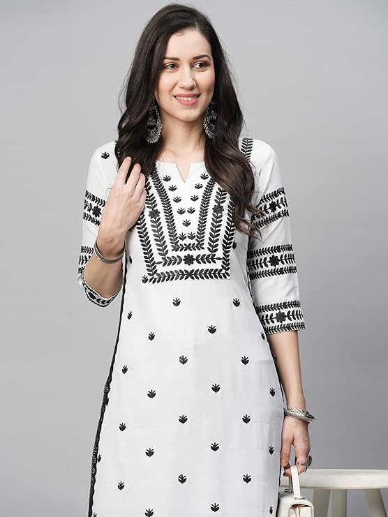 Women's Cotton Blend Chikankari Embroidered Straight Kurti