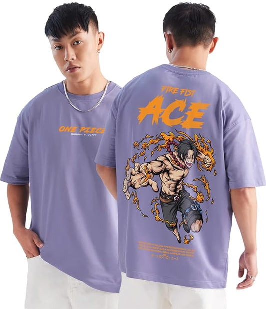 Anime One Piece Ace Monkey D Luffy Oversized Lavander T Shirt for Men