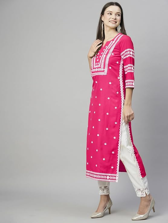 Women's Cotton Blend Chikankari Embroidered Straight Kurti