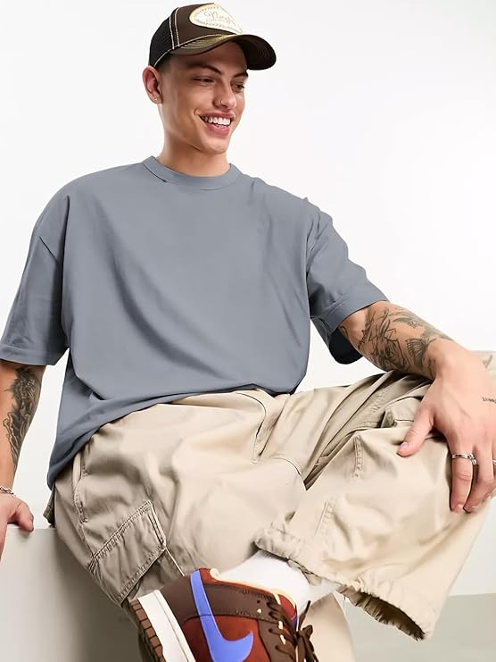 Oversized Longline Drop Shoulder Solid Round Neck Tshirts for Men