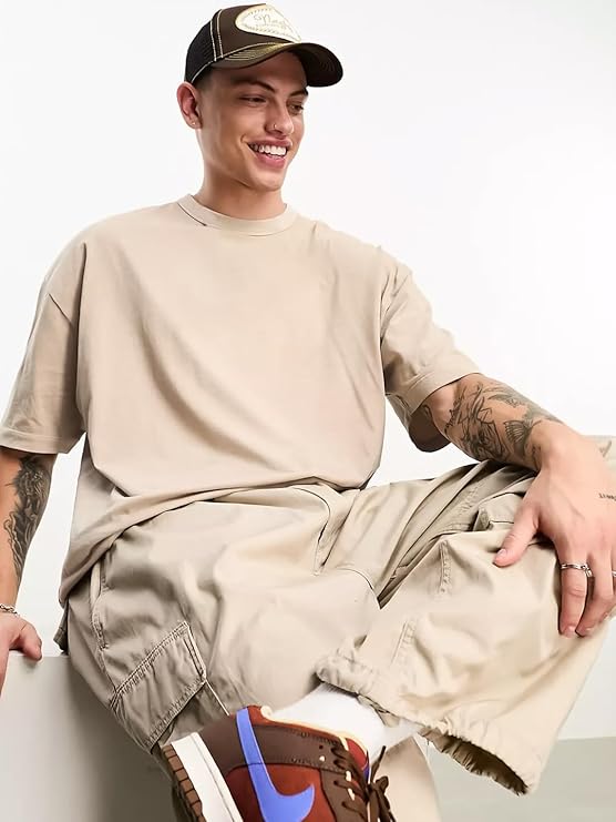 Oversized Longline Drop Shoulder Solid Round Neck Tshirts for Men