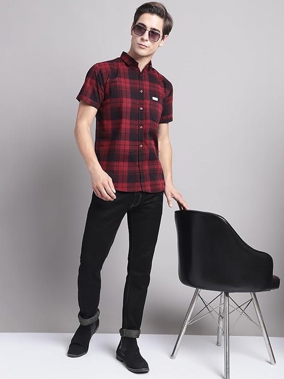 Men Cotton Checkered Half Sleeve Slim Fit Casual Shirt