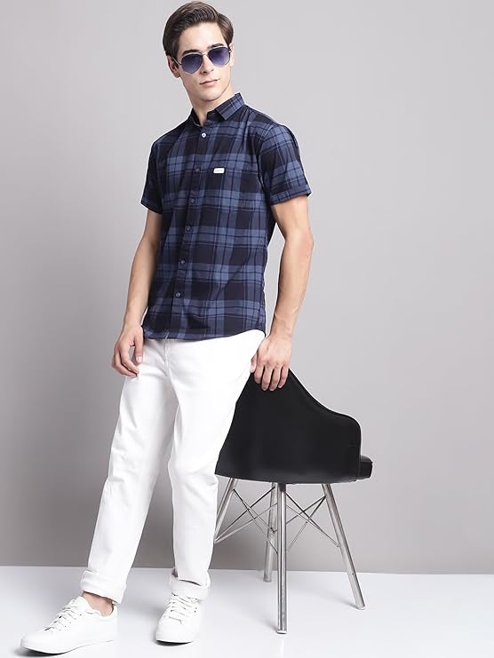 Men Cotton Checkered Half Sleeve Slim Fit Casual Shirt