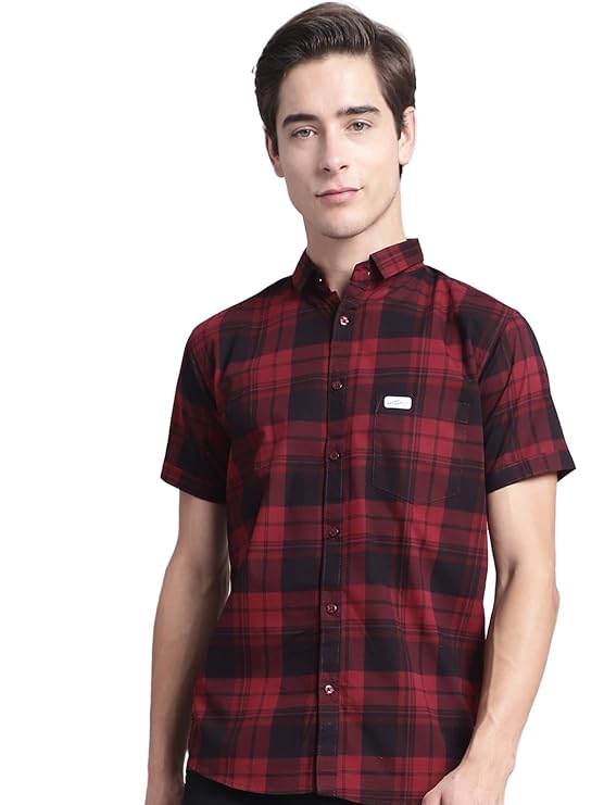 Men Cotton Checkered Half Sleeve Slim Fit Casual Shirt