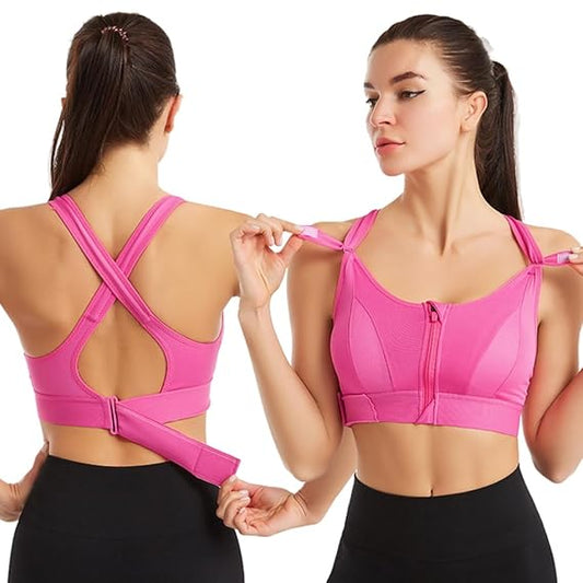 Sports Bra for Women High Impact Work Out Bra with Support Front Zipper Gym Padded Bras with Adjustable Straps