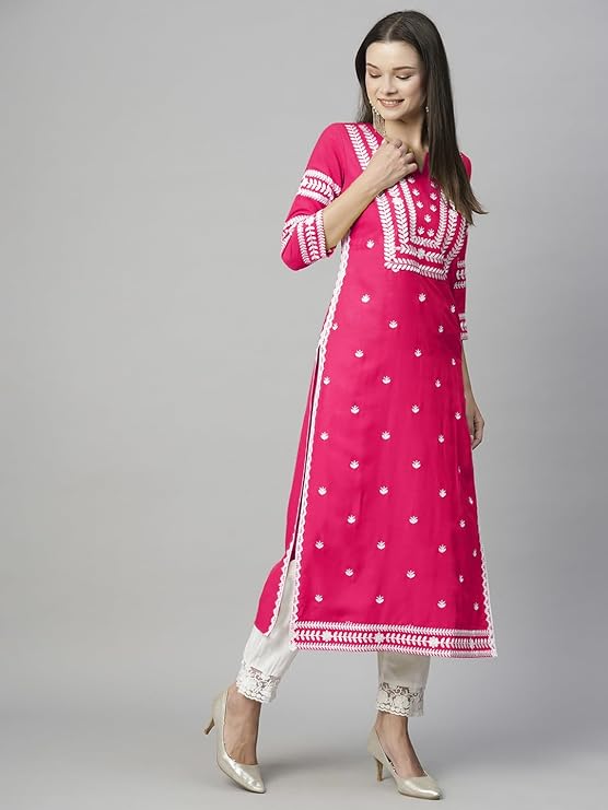 Women's Cotton Blend Chikankari Embroidered Straight Kurti