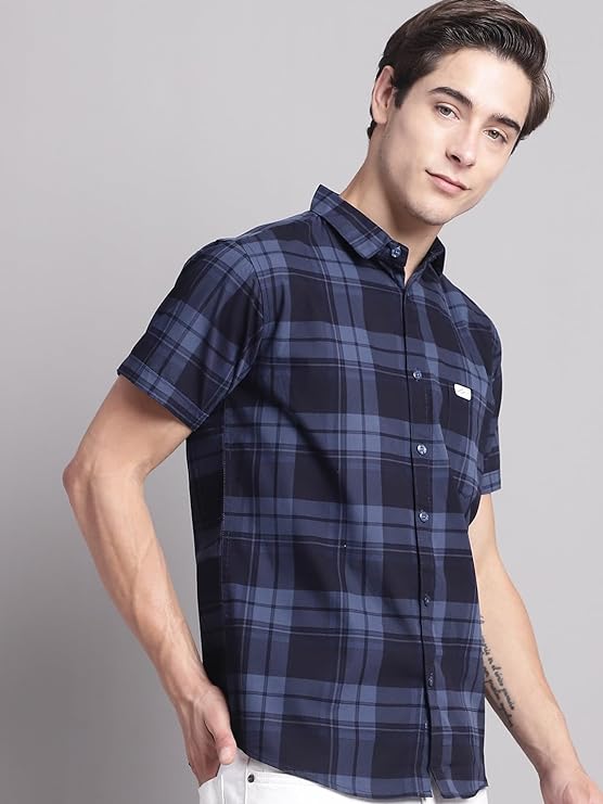 Men Cotton Checkered Half Sleeve Slim Fit Casual Shirt