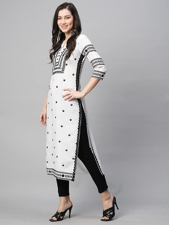 Women's Cotton Blend Chikankari Embroidered Straight Kurti