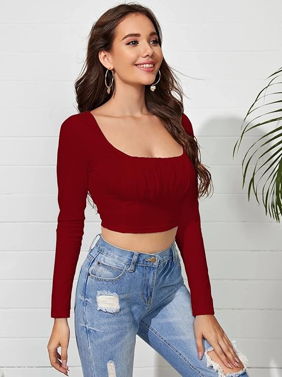 Women's Ruched Bust Solid Crop Top