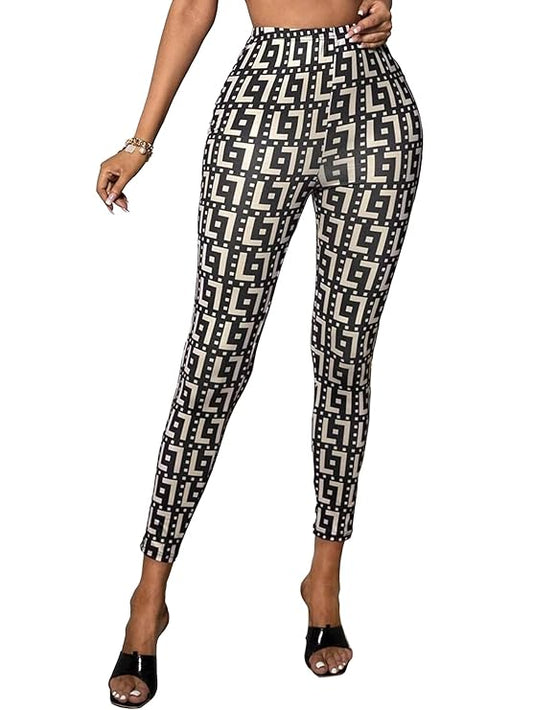 Women's & Girls Brown Geo Print Dress Pants Stretchy Work Slacks Business Casual Office Bell-BottomBoot-Cut Elastic Waist Regular Fit Trouser Pant