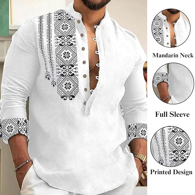 Men's Cotton Blend Mandarin Collar Self One Design Full Sleeve Casual Short Kurta