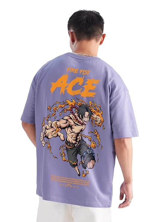 Anime One Piece Ace Monkey D Luffy Oversized Lavander T Shirt for Men