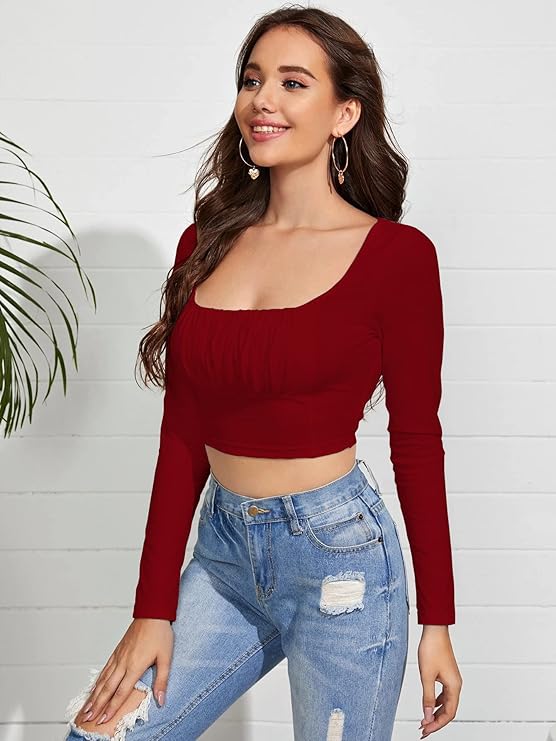 Women's Ruched Bust Solid Crop Top