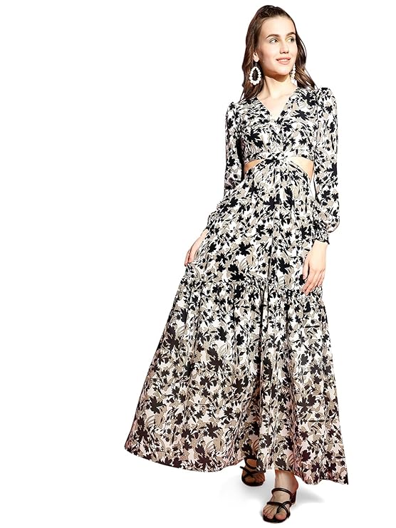 Women's Crepe Fit and Flare Printed Full Sleeve V-Neck Casual Dress