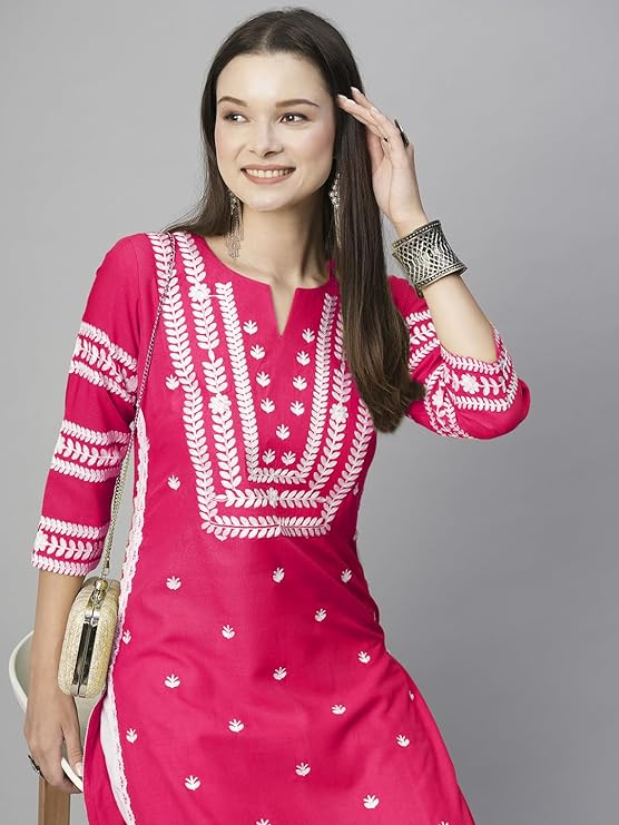 Women's Cotton Blend Chikankari Embroidered Straight Kurti