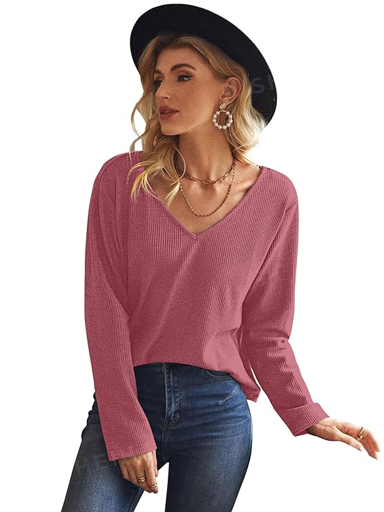 Womens Cotton (Waffle) 2024 Summer Winter Spring Half Sleeve V Neck Casual Loose Tunic Tops Blouses