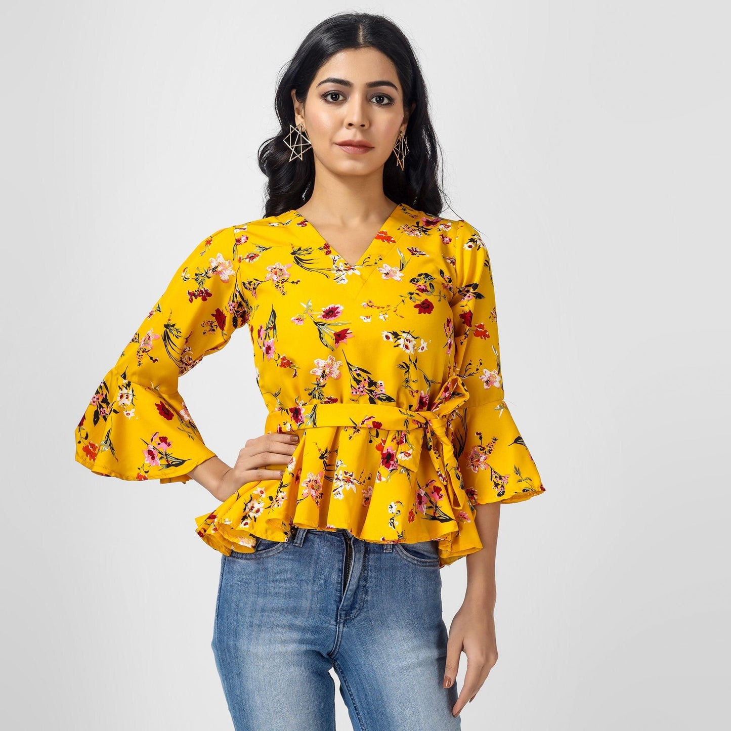 Oceanista Women's Crepe Floral Print Mustard Top