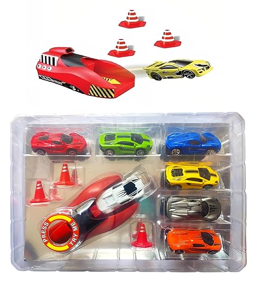 Rapid Launcher Play Set Toy with 7 Die Cast Metal Stunt Car and Master Racers Sports with 3 Stoppers Racing Game for Kids