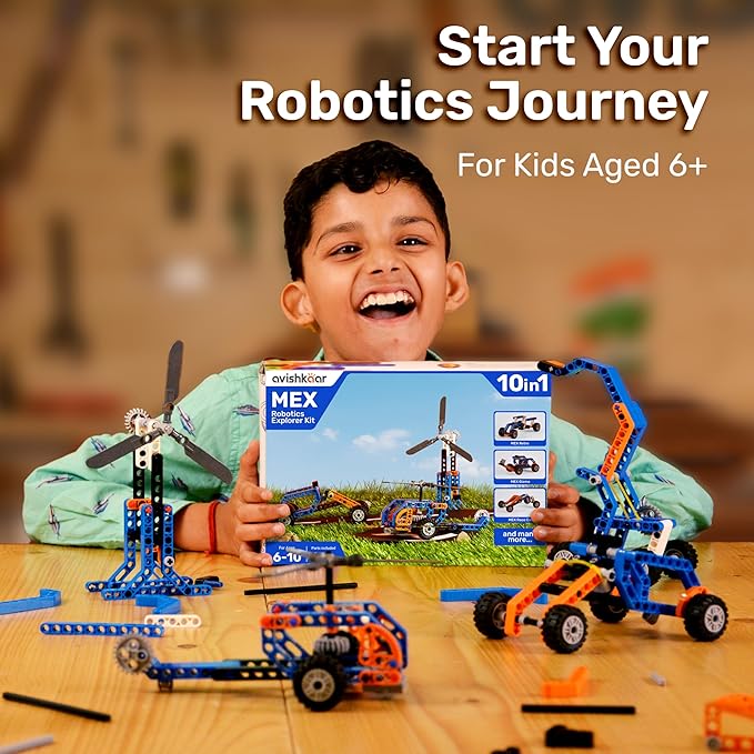 MEX Robotic Explorer Kit, 10-in-1 DIY Robotics Science Kit, Learning Toys for Boys and Girls Aged 6,7,8,9,10, Building and Construction Set with 80+ Parts