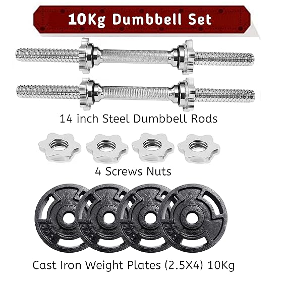 Dumbbell Set For Home Workout, Cast Iron Weight Plates 10kg (30mm) With Solid Steel Dumbbells Rod For Home Gym Exercise And Strength Training