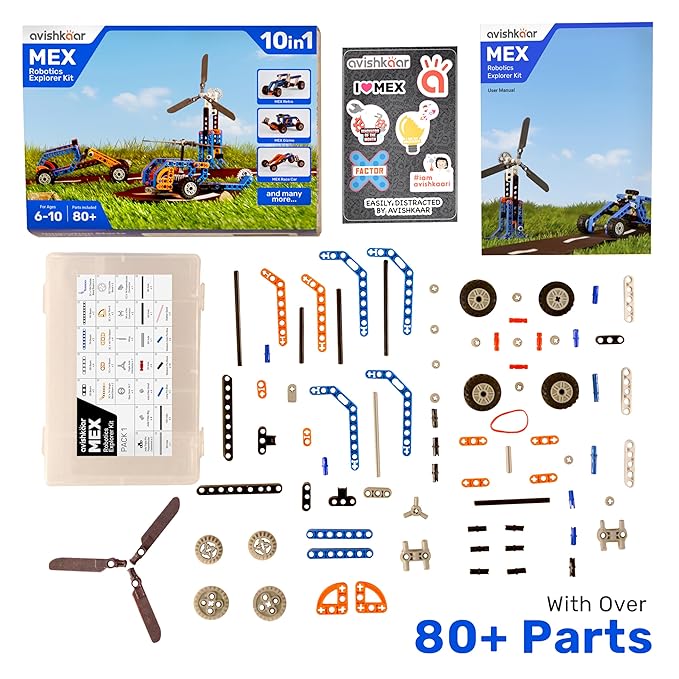 MEX Robotic Explorer Kit, 10-in-1 DIY Robotics Science Kit, Learning Toys for Boys and Girls Aged 6,7,8,9,10, Building and Construction Set with 80+ Parts