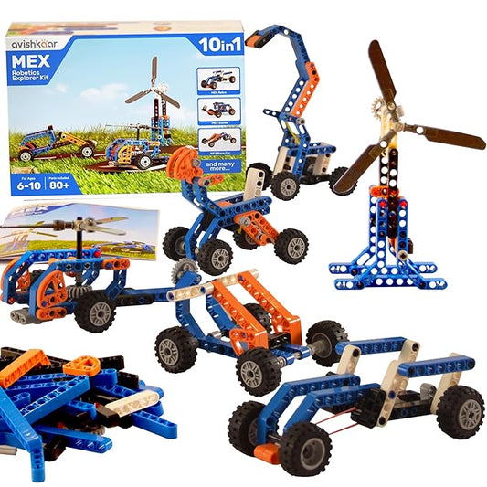 MEX Robotic Explorer Kit, 10-in-1 DIY Robotics Science Kit, Learning Toys for Boys and Girls Aged 6,7,8,9,10, Building and Construction Set with 80+ Parts