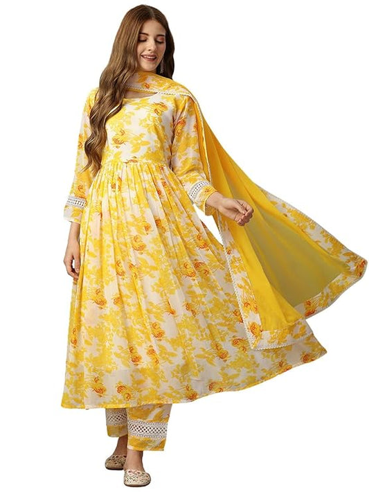 Women's Floral Printed Anarkali Kurta with Pant and Dupatta Set