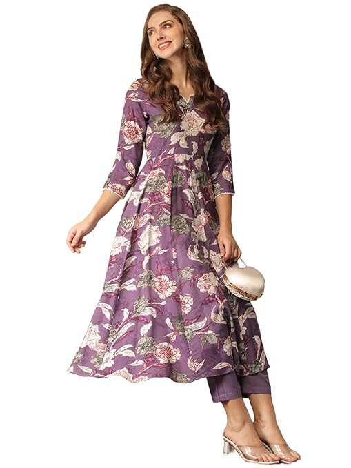 Women's Cotton Blend Anarkali Printed Kurta with Pant